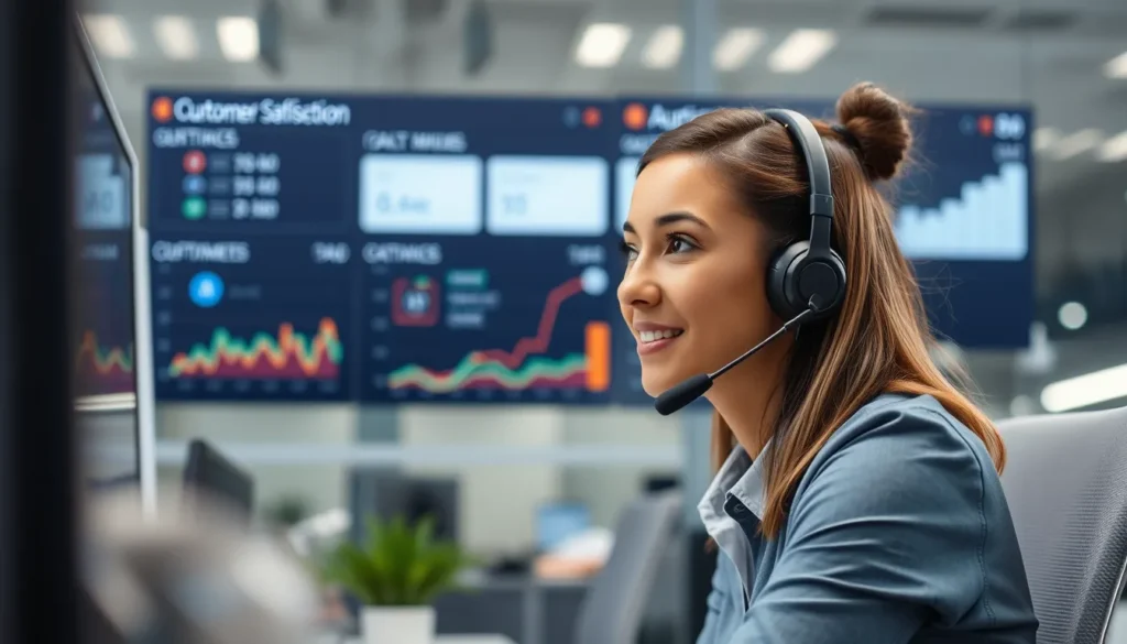 Customer service agent wearing headset listening to a call in an office setting