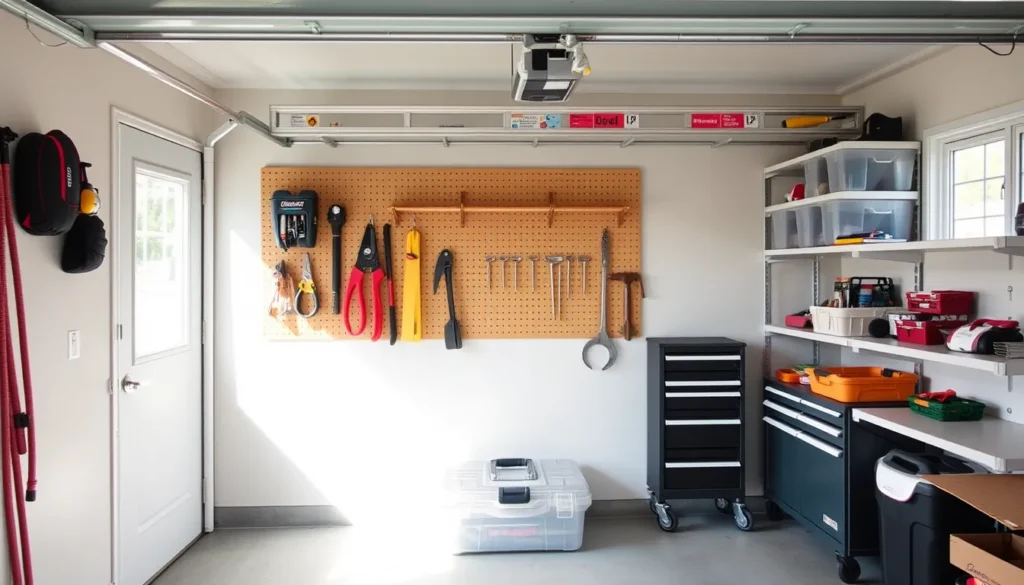 Organized small garage with pegboard, overhead rack, tool chest, shelves.