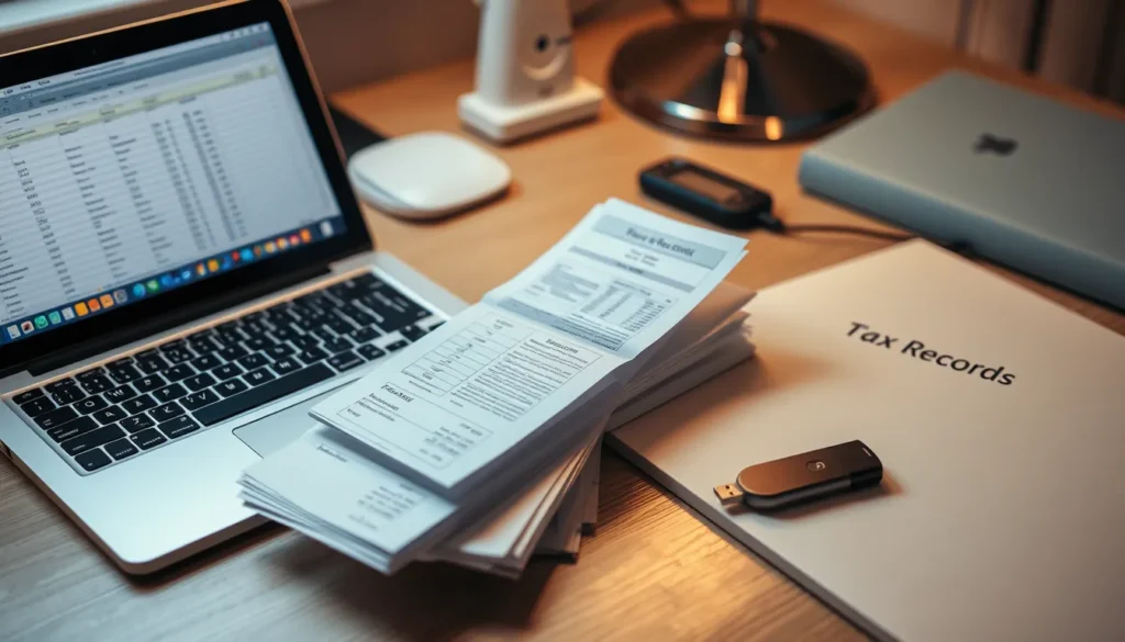 Desk with laptop, labeled receipts, folder, and USB drive for tax record organization.